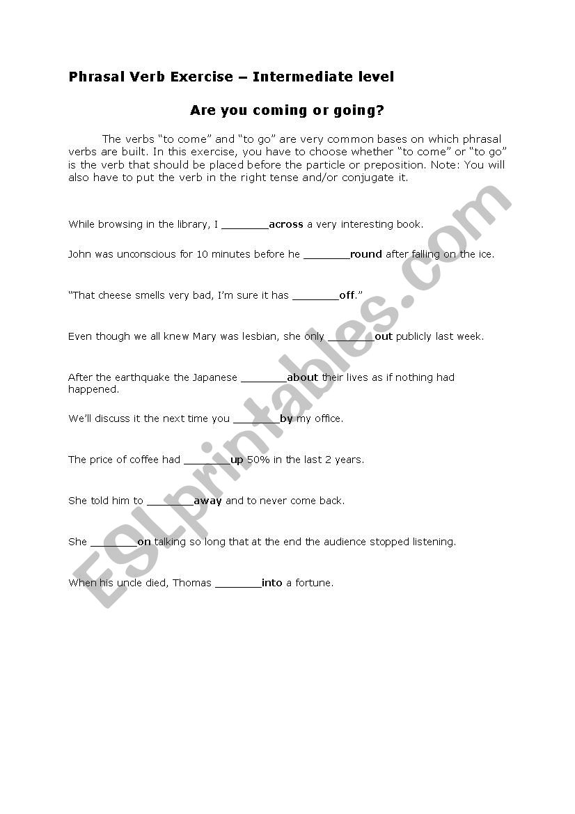Are you coming or going? worksheet