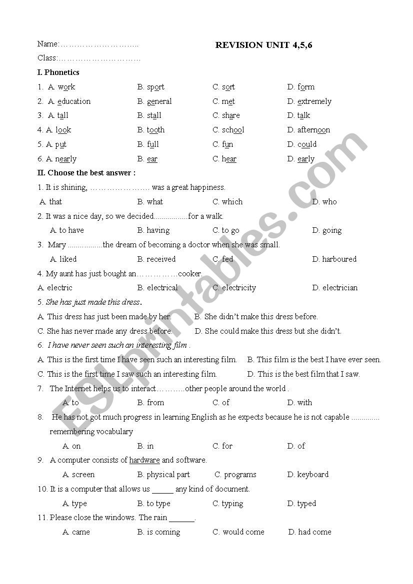 revision unit 4 5 6 grade 10 worksheet