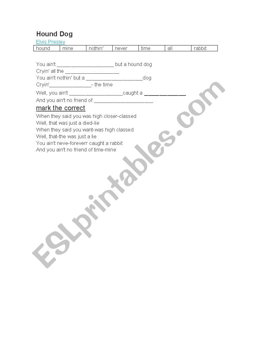 hound dog- elvis presley worksheet