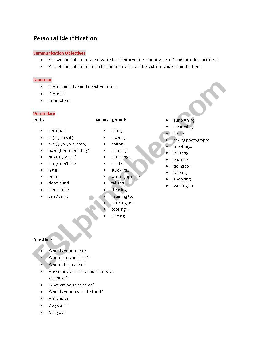 Personal information vocab student reference