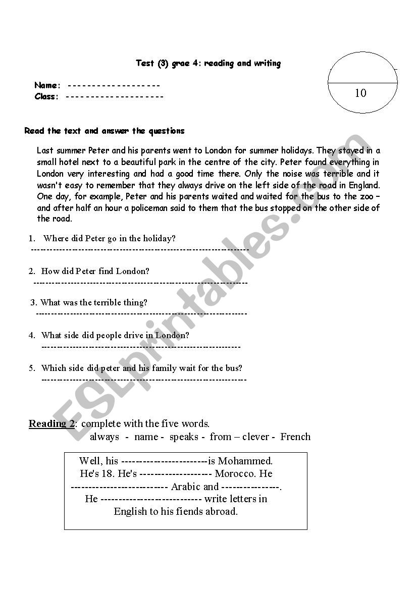 Grade 4 Test On Reading And Writing ESL Worksheet By Nawal2010