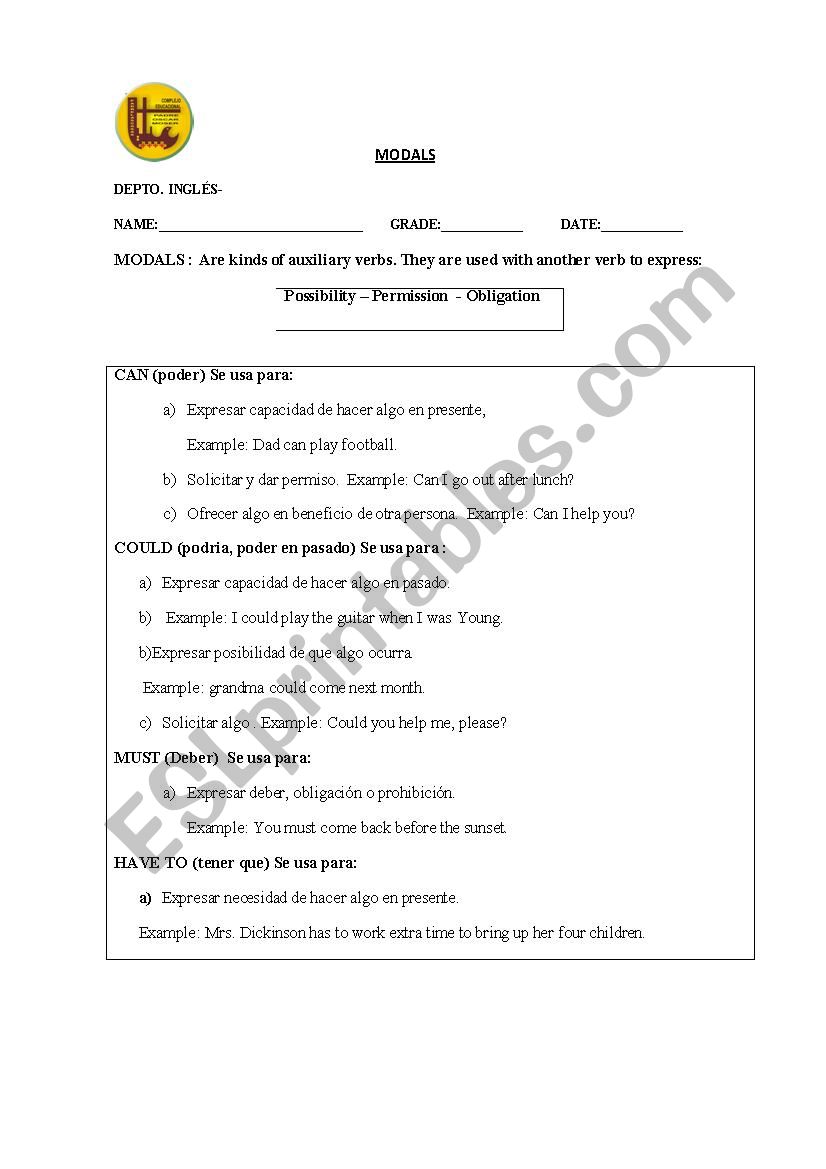 MODALS worksheet