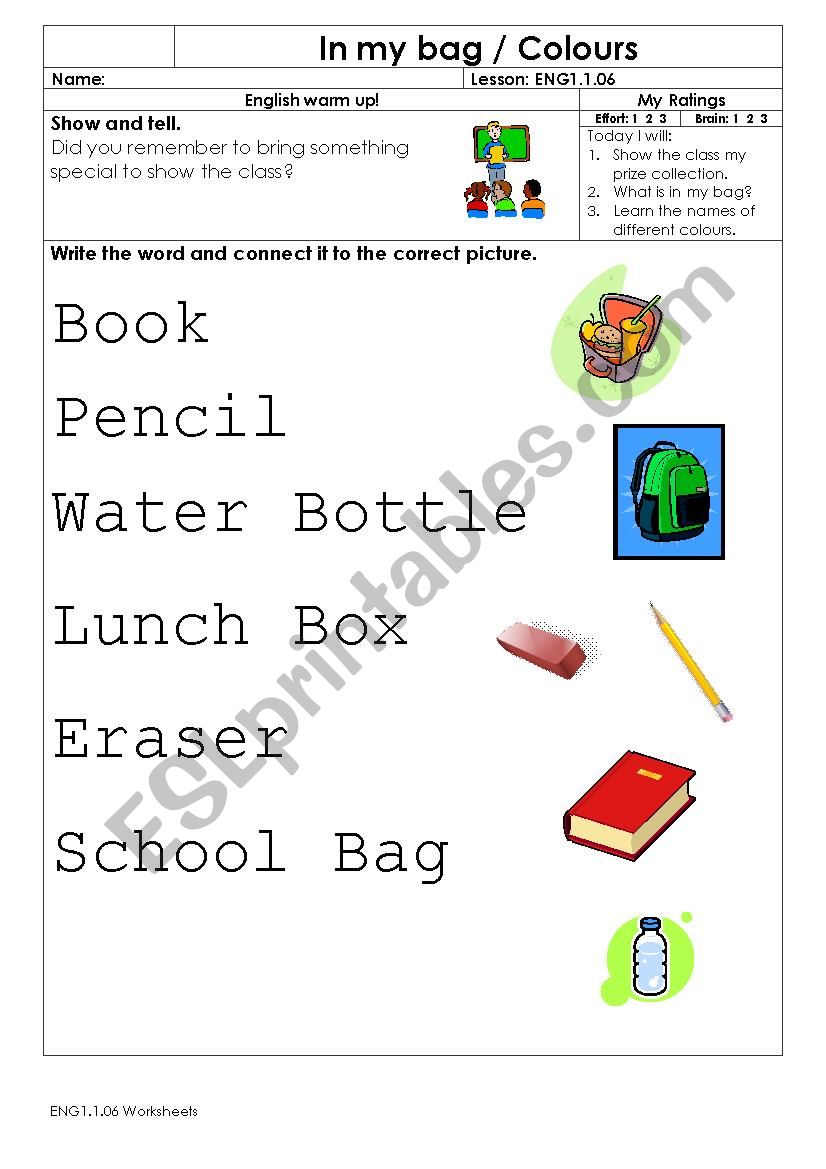 In my Bag / Colours worksheet