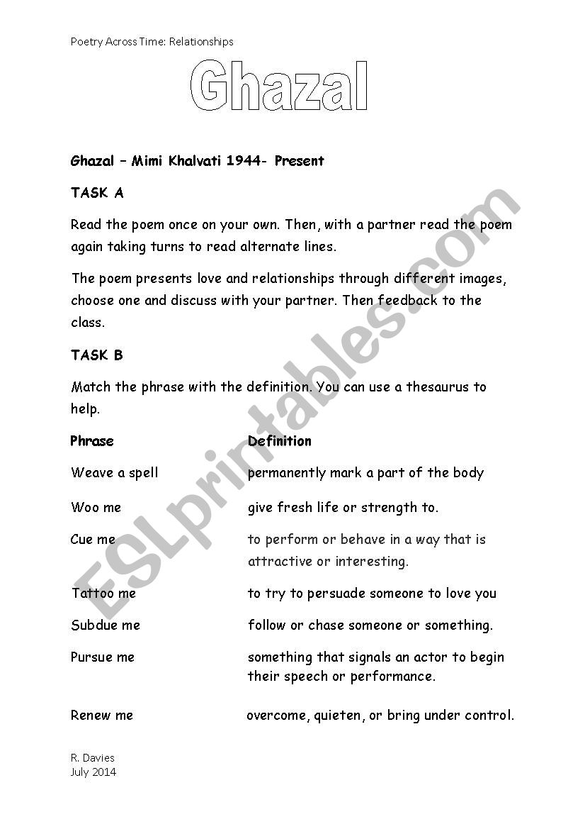 Ghazal GCSE Poetry worksheet