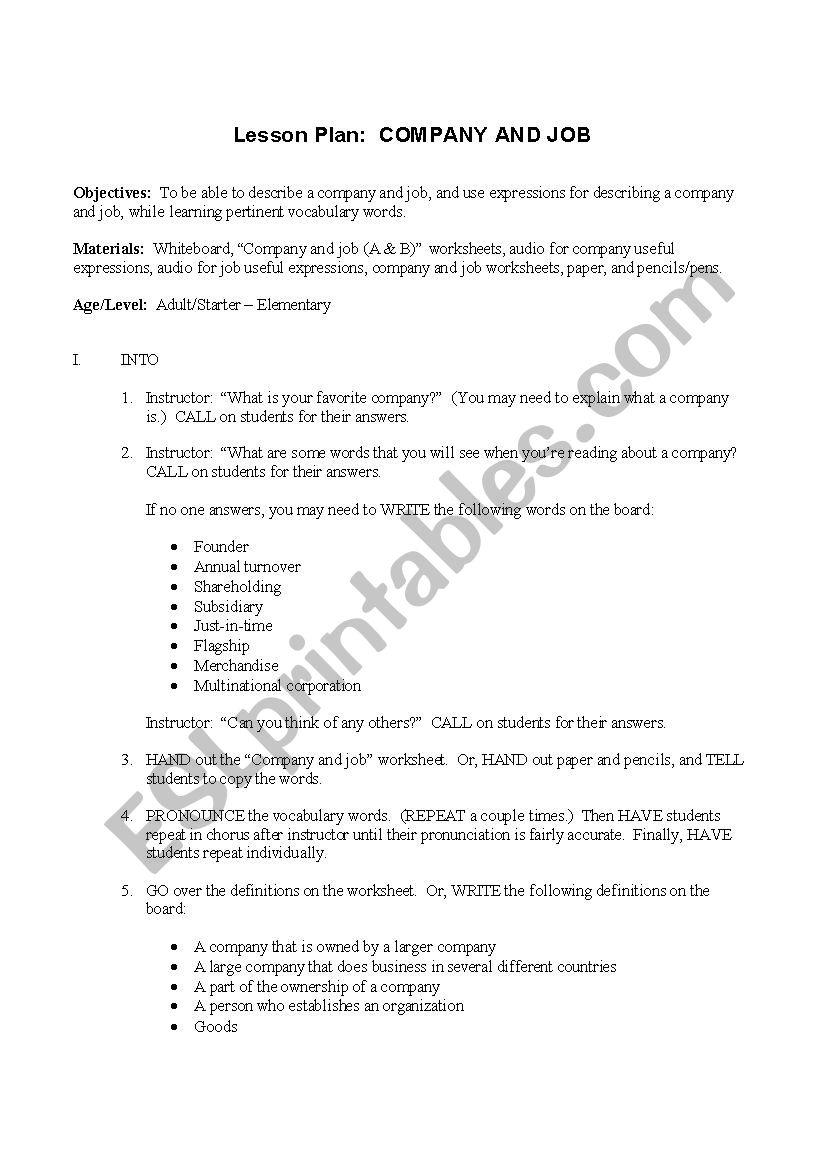 Company and Job worksheet