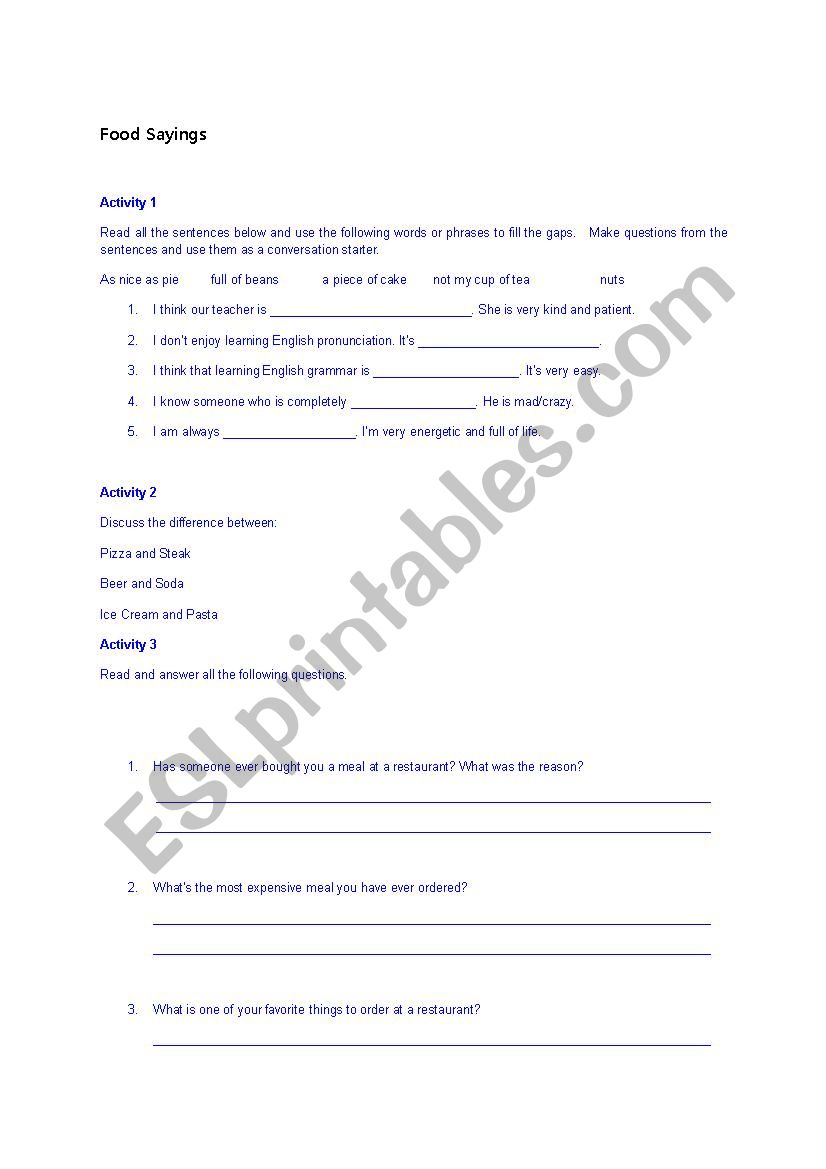 Food Discussion worksheet