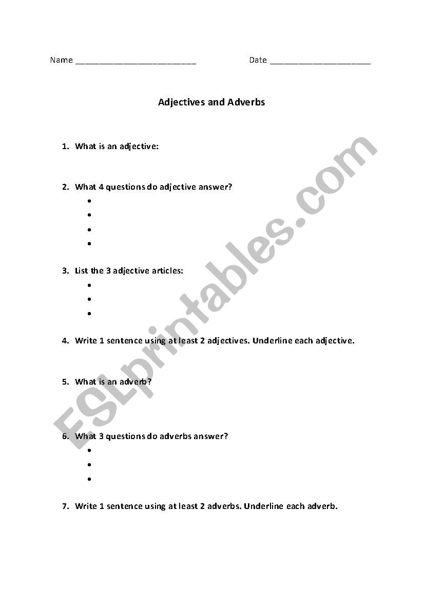 Adjective & Adverb Quiz worksheet