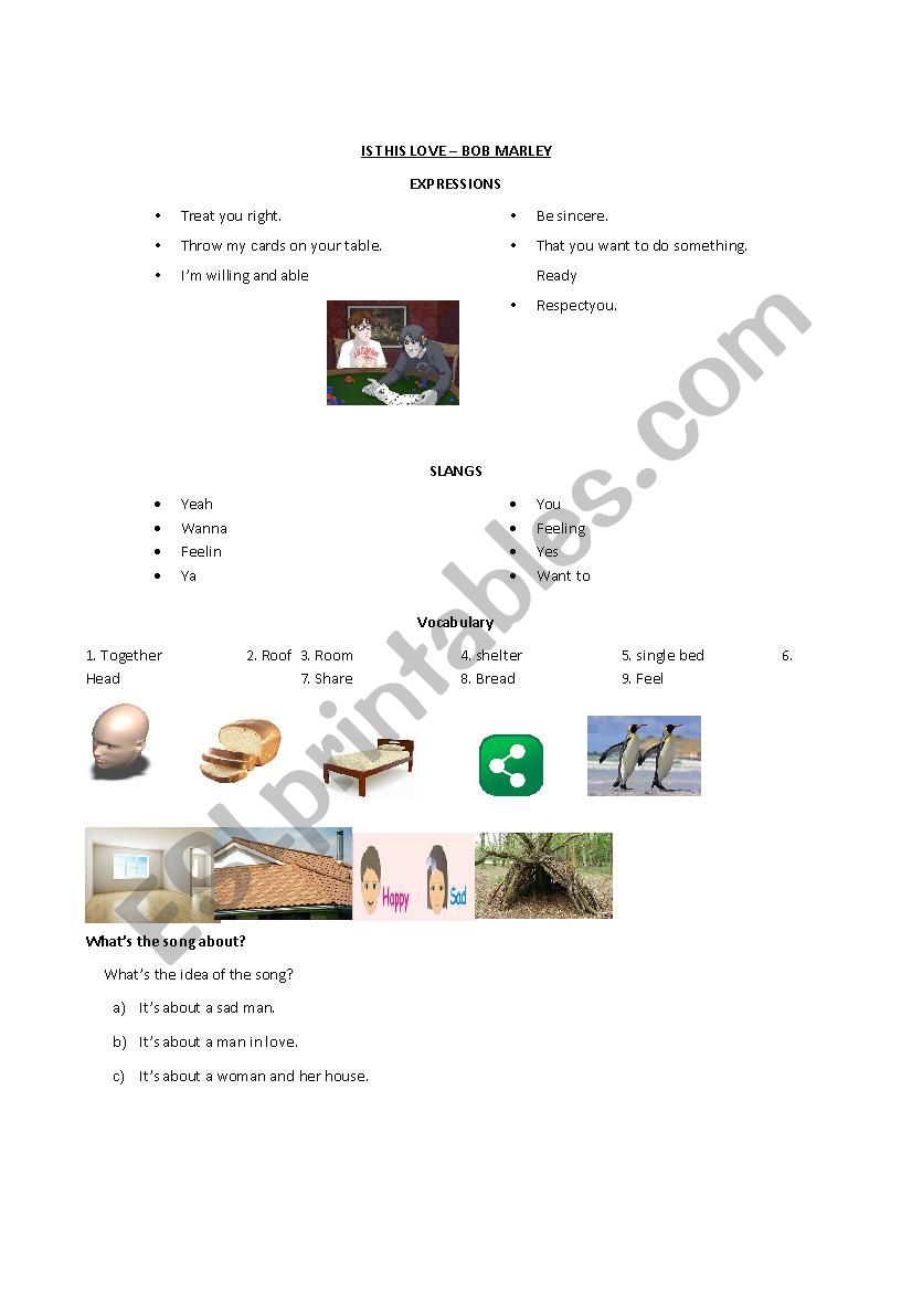 Is This Love Bob Marley Worksheet And Lyrics Esl Worksheet