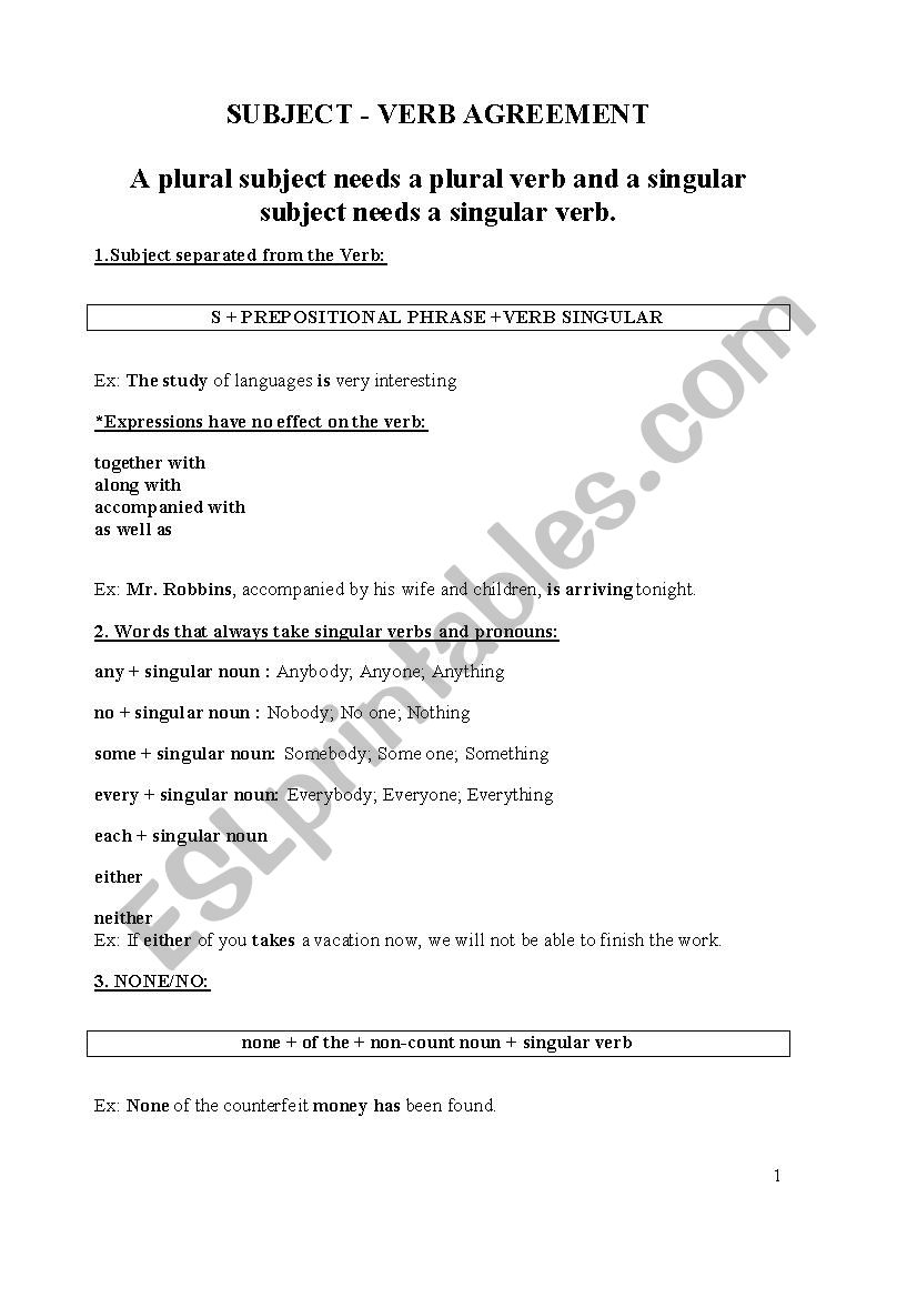 SUBJECT AGGREMENTS worksheet