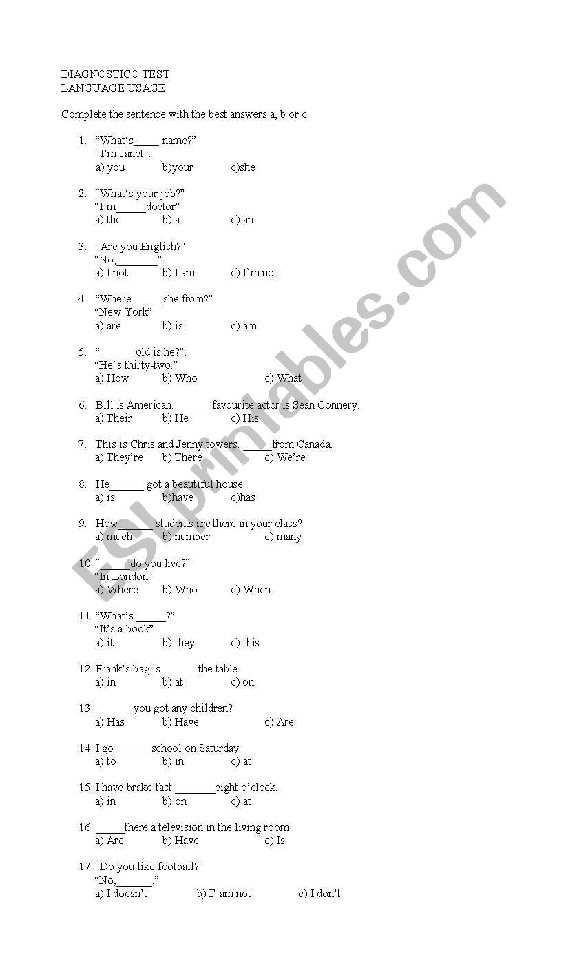 Diagnostic Test worksheet