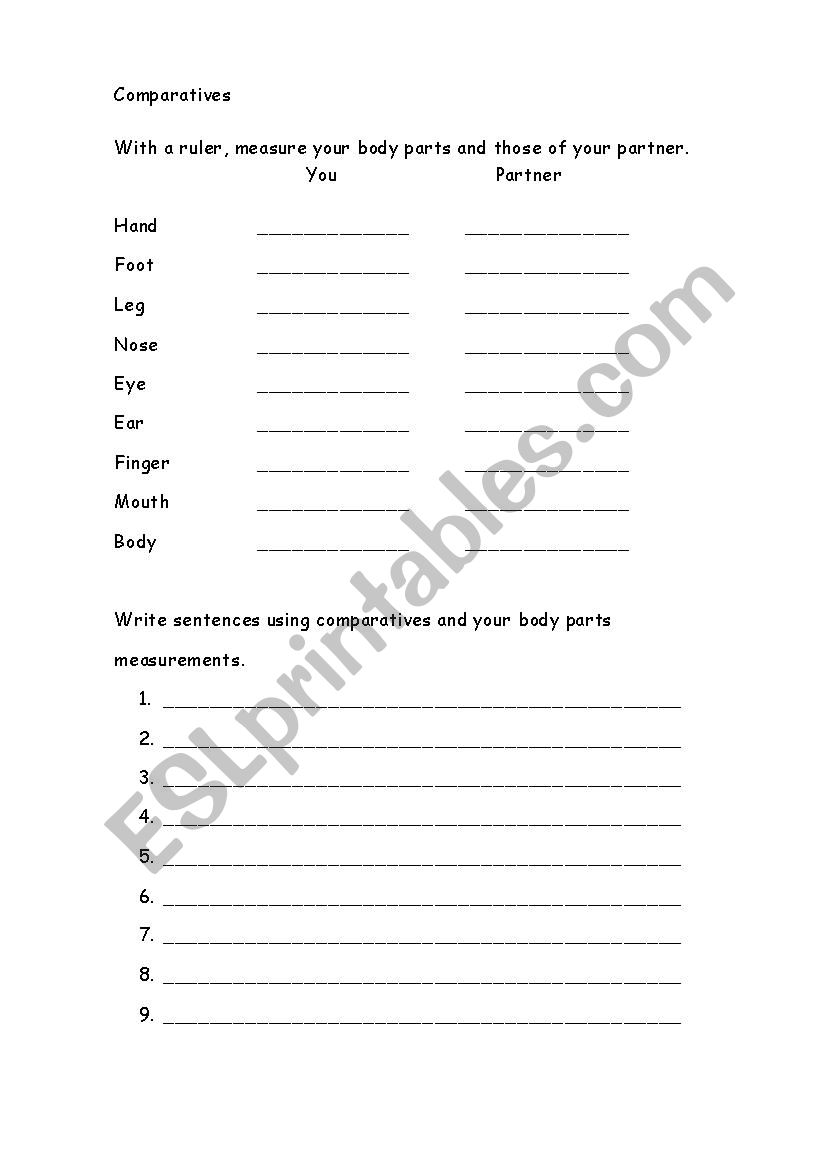 Body Parts Comparatives worksheet