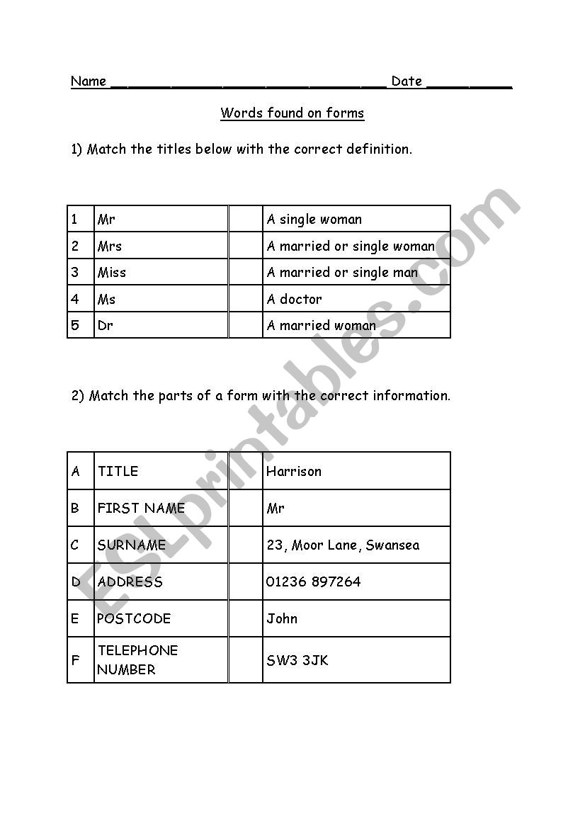 Words on forms worksheet