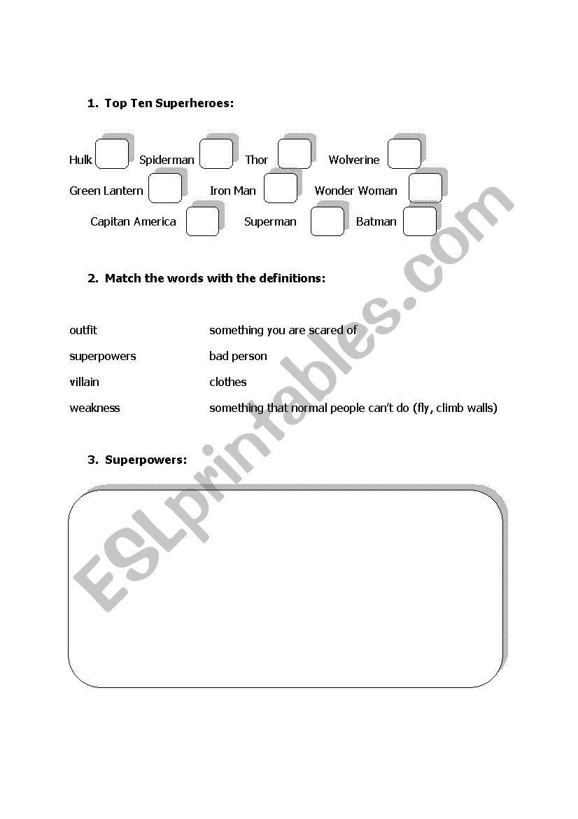 Superheroes Lesson Handout worksheet