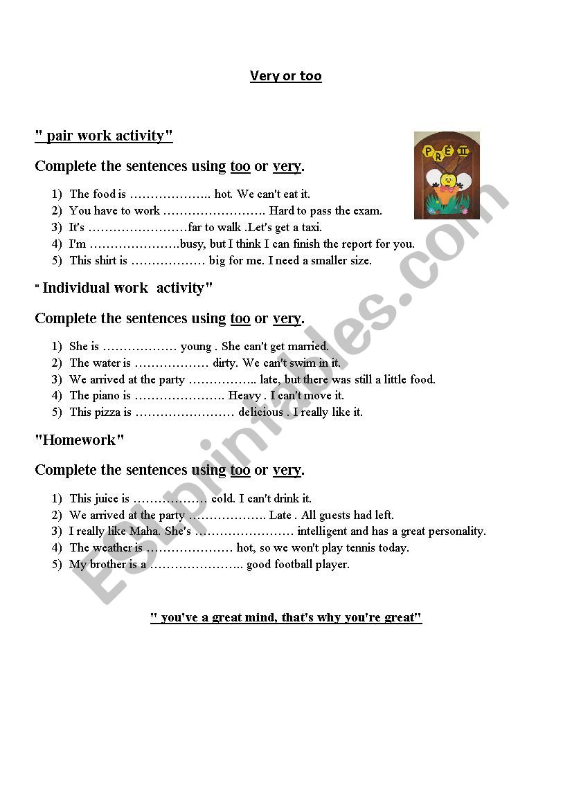 very or too worksheet