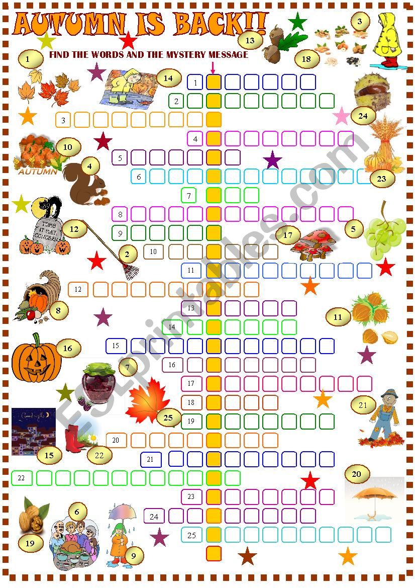 Autumn Crossword Puzzle ESL Worksheet By Spied d aignel