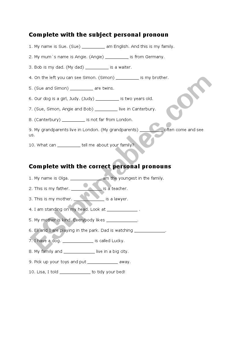 personal pronoun worksheet