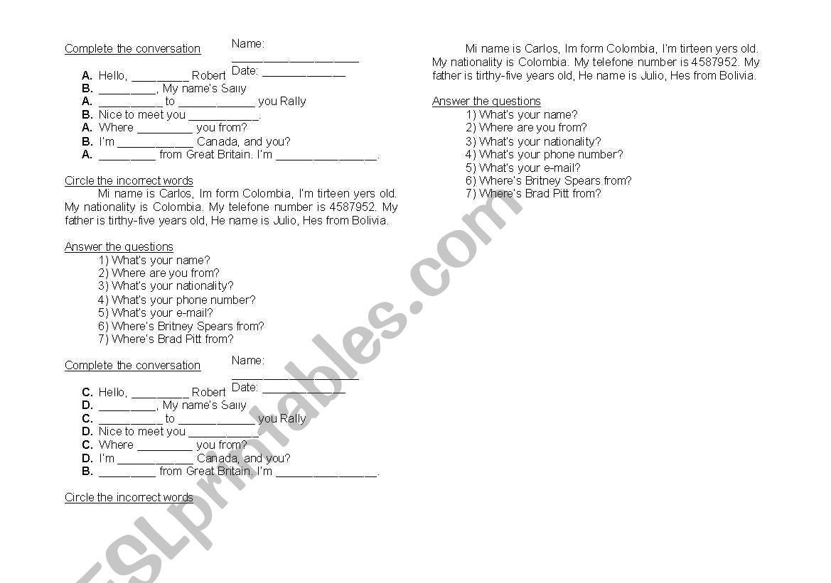 Basic English Test worksheet