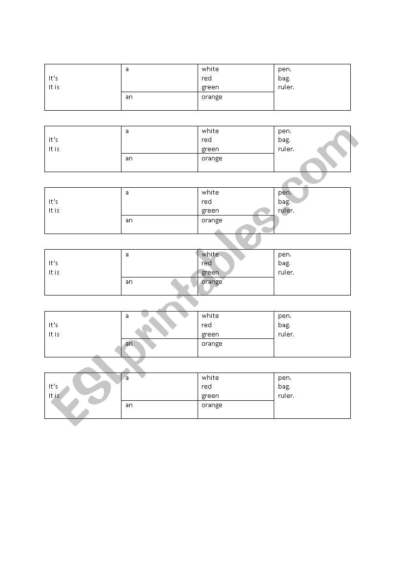 A/an writing frames worksheet