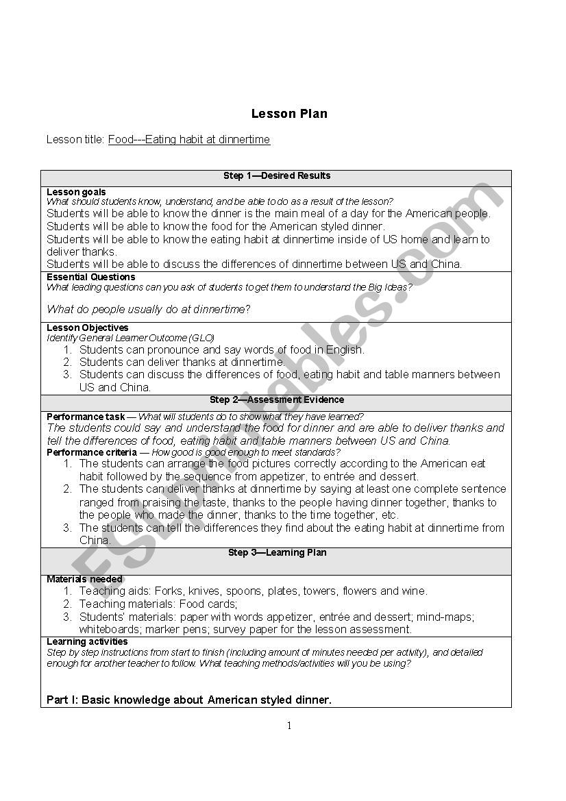 Dinner worksheet