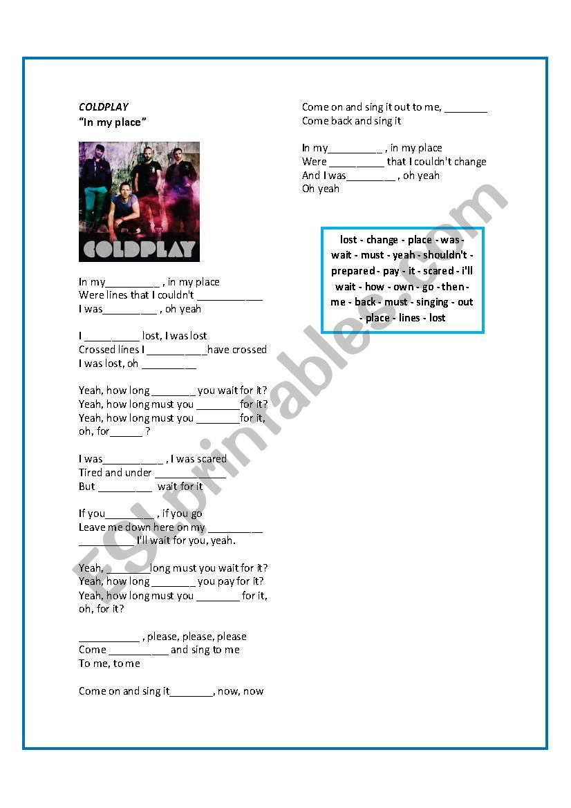 Coldplay - In my place worksheet
