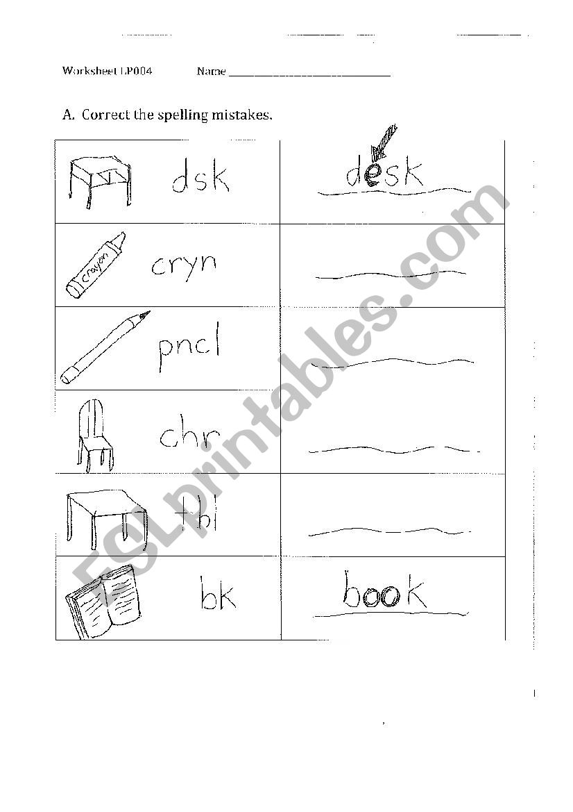 Classroom Objects Spelling worksheet