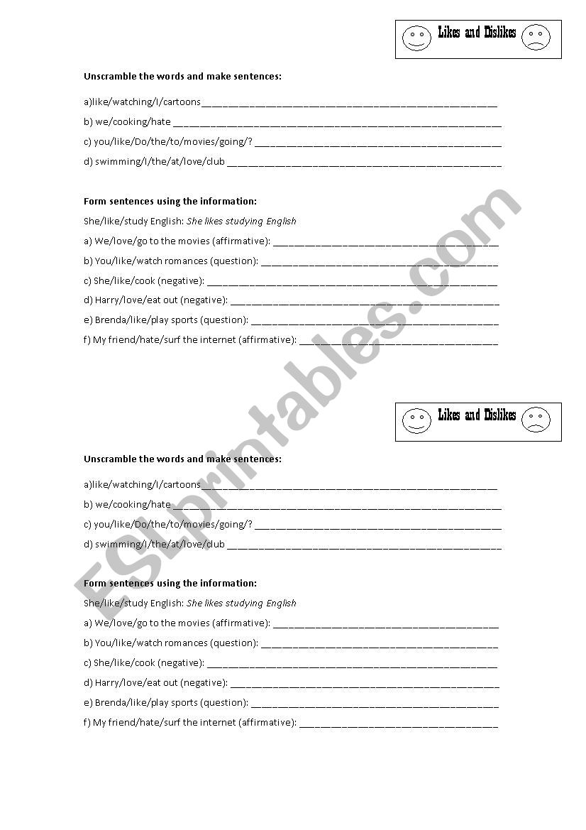 Likes and dislikes worksheet