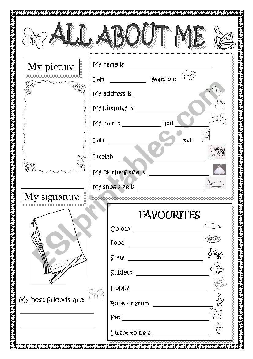 All About Me Worksheet All About Me Esl Worksheet By Gabaso In 2021 ...