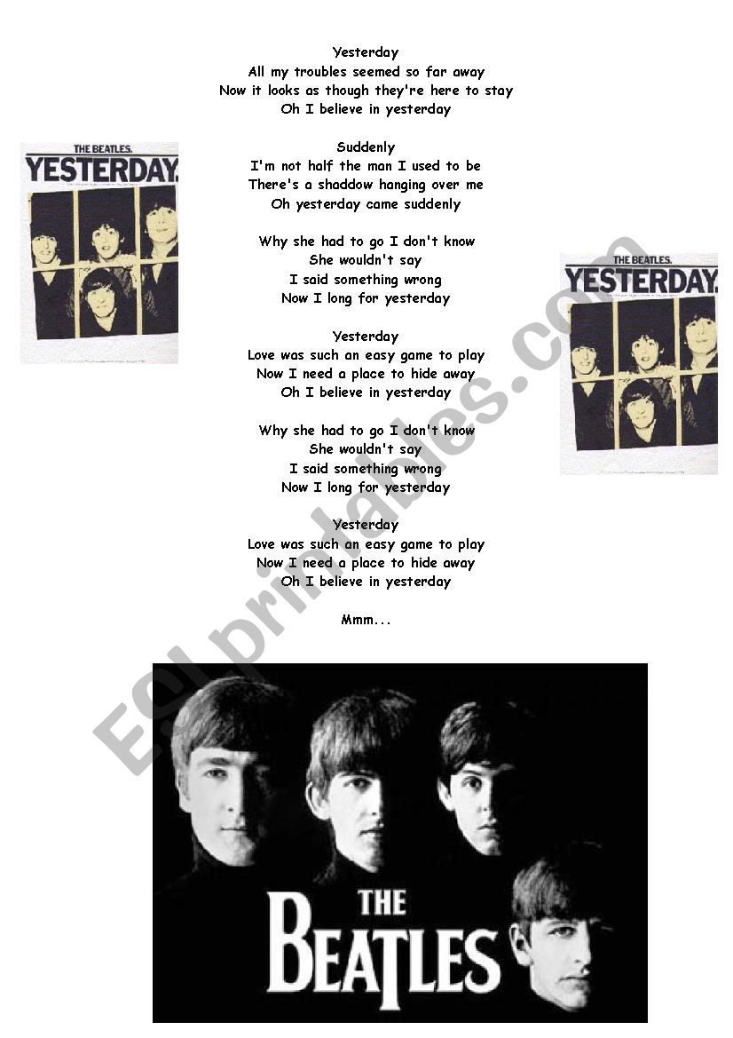 Yesterday The Beatles´song - ESL Worksheet By Srodrig14