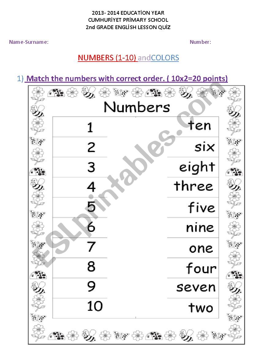 second grade quiz worksheet