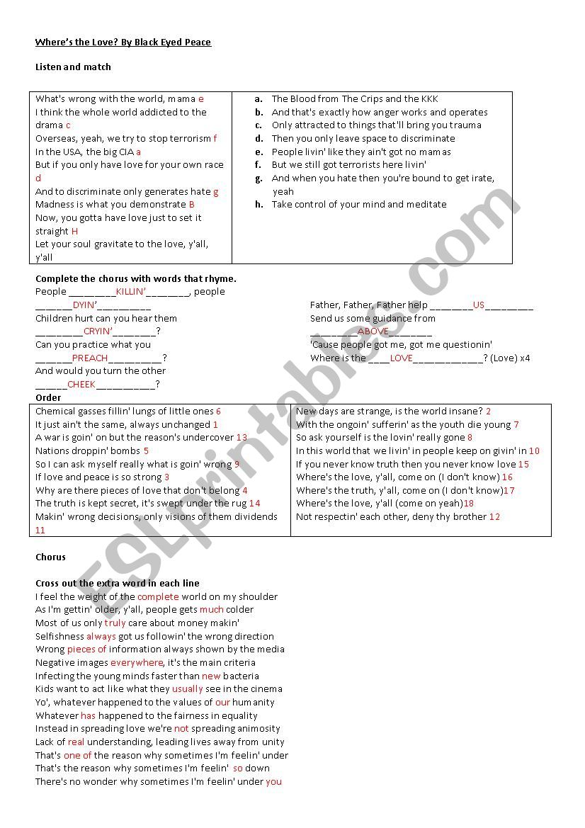 where´s the love? by The Black Eyed... - ESL worksheet by gisercegovich