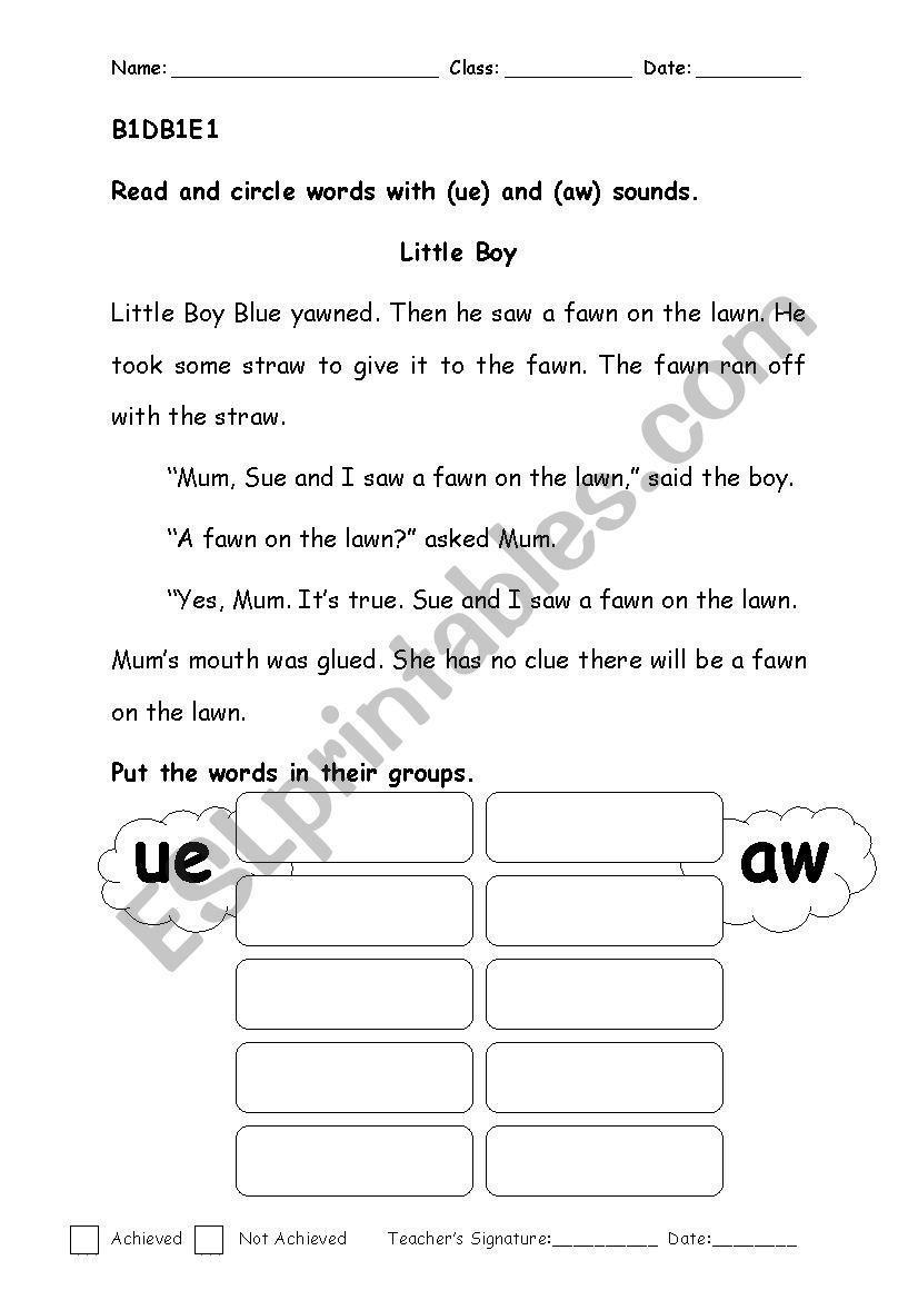 ue and aw sounds worksheet