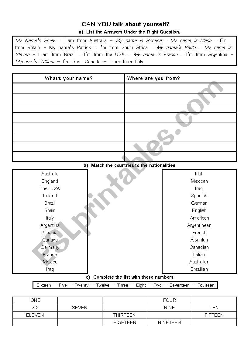 Can you talk about yourself?  worksheet