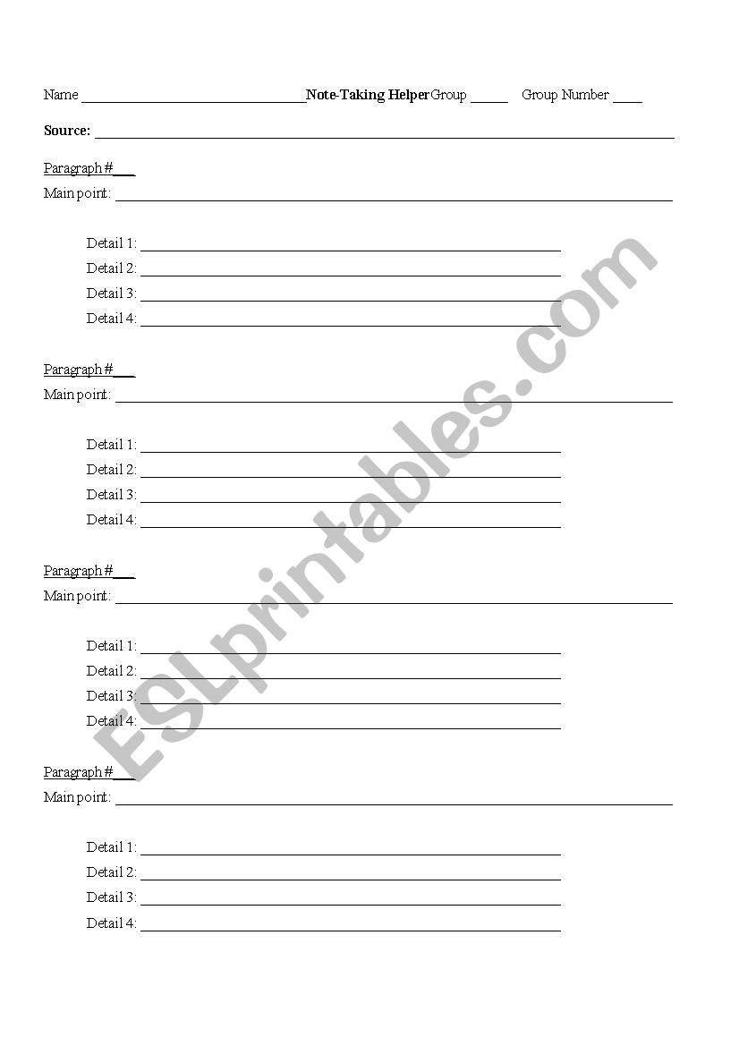 Note Taking Helper worksheet