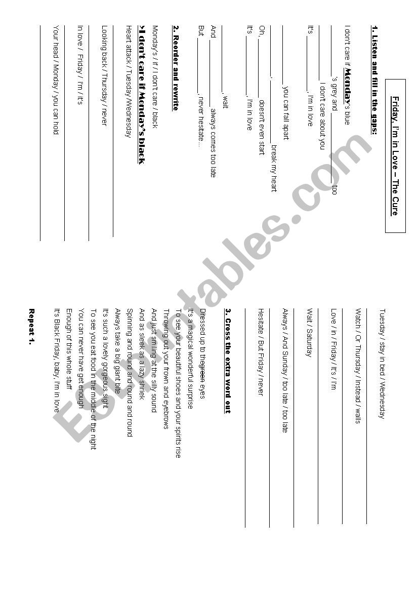 Friday, I´m in love - ESL worksheet by Beatrix_uk