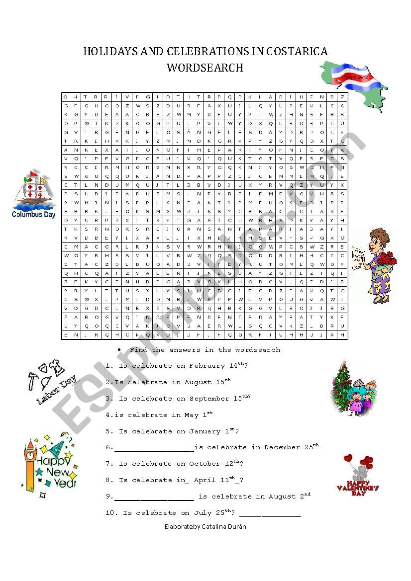 Holidays and Celebrations In Costa Rica Wordsearch