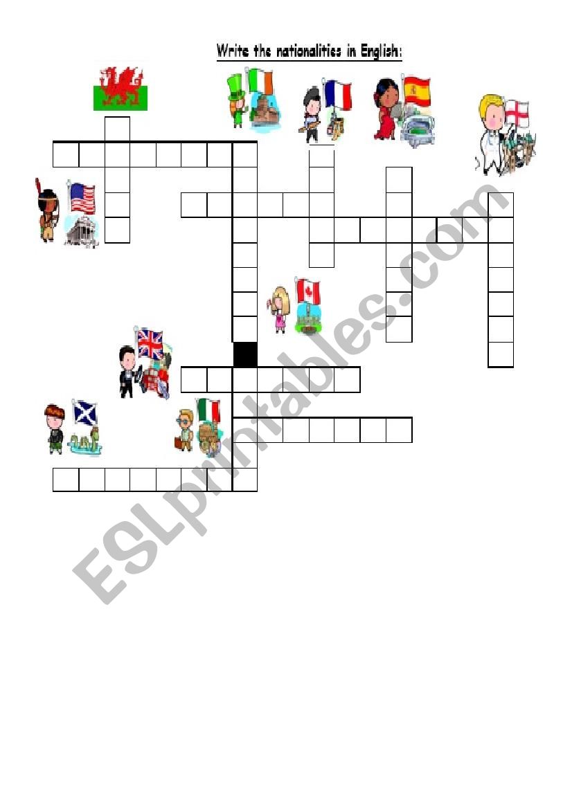 nationalities crosswords worksheet