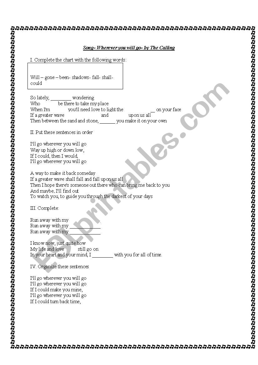 Wherever you will go- Song worksheet