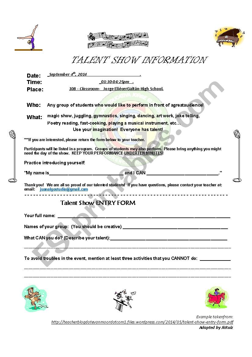 talent show entry form worksheet