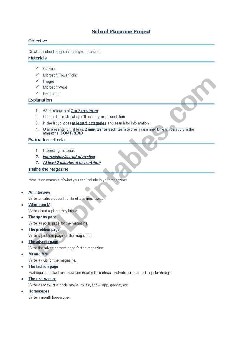 School magazine project worksheet