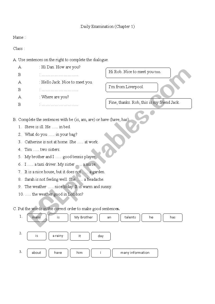 Using be and have/has worksheet