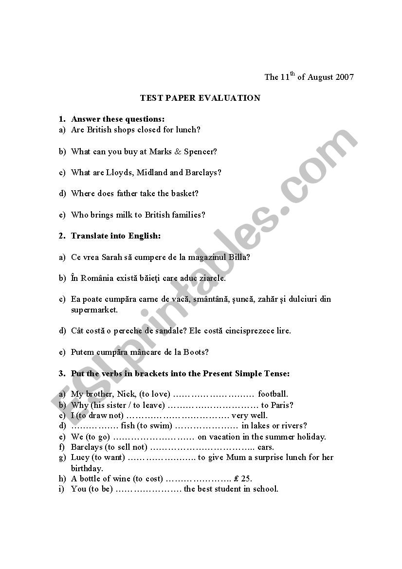 5th Grade Evaluation Paper  worksheet