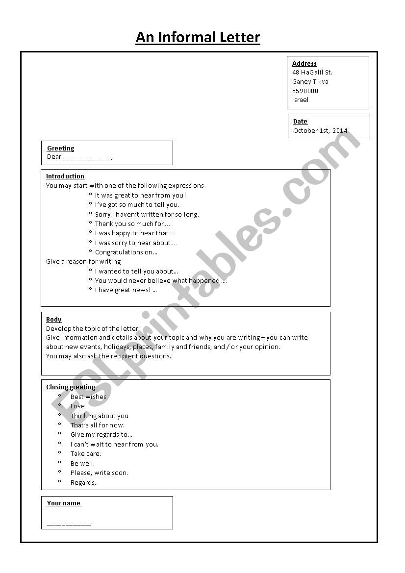 Informal Letter template  worksheet