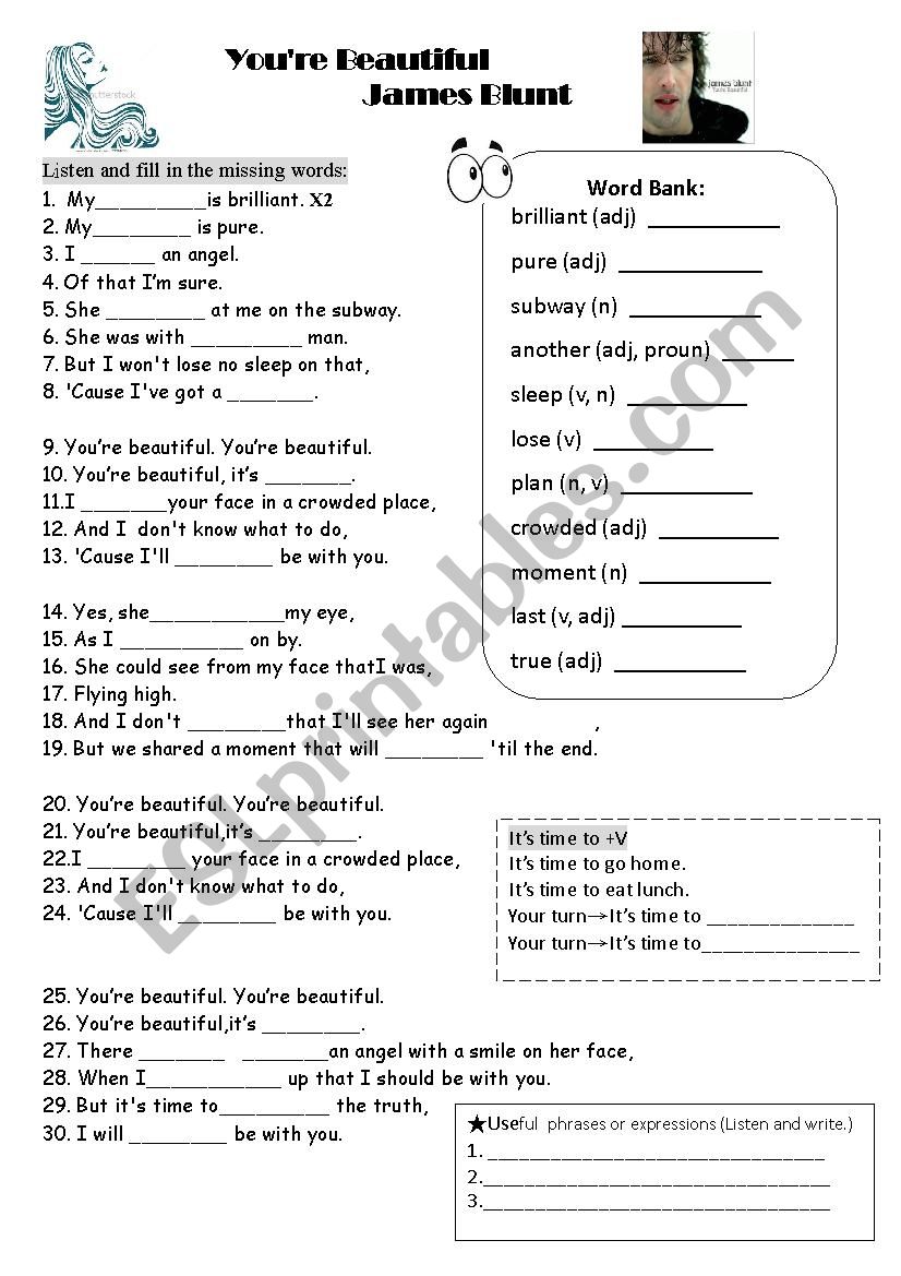 Youre beautiful worksheet