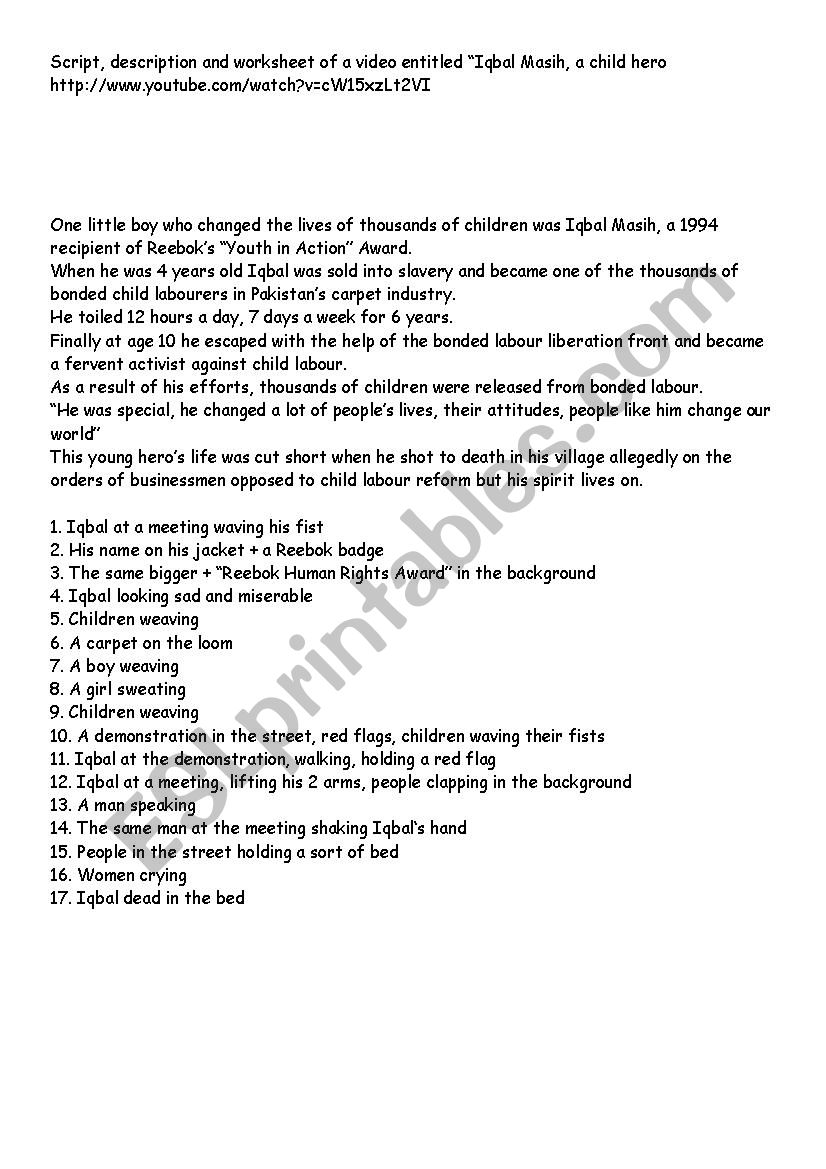 Child Labour - Iqbal Masih worksheet