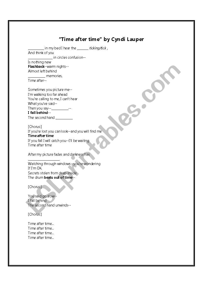 Time after time by cindy lauper Worksheet