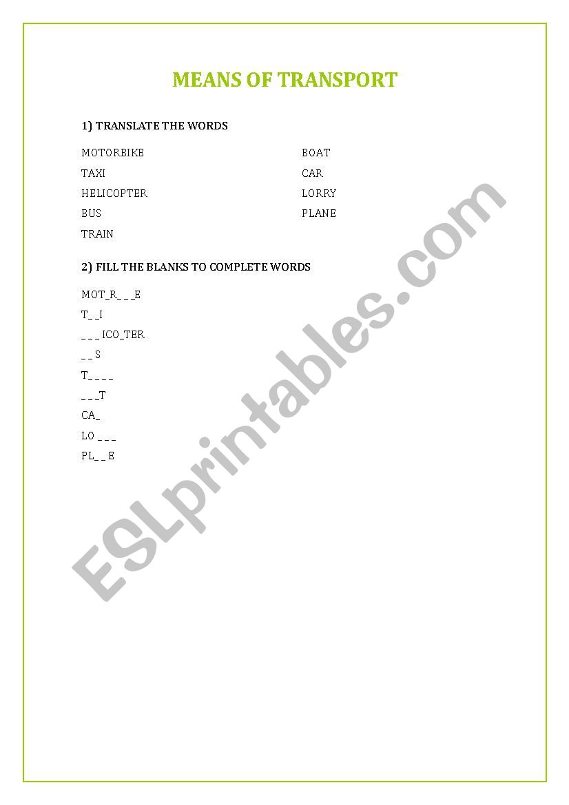 Means of transport worksheet