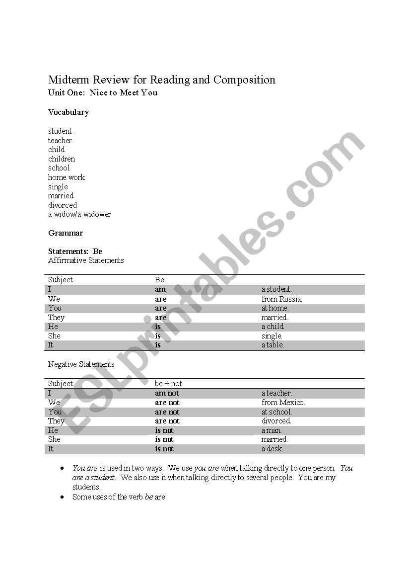 Level One Adult MIdterm Review Sheet