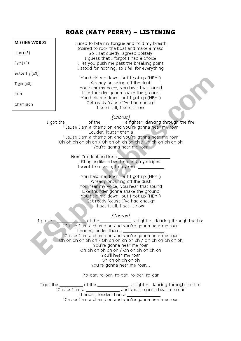 Listening Roar by Katy Perry worksheet