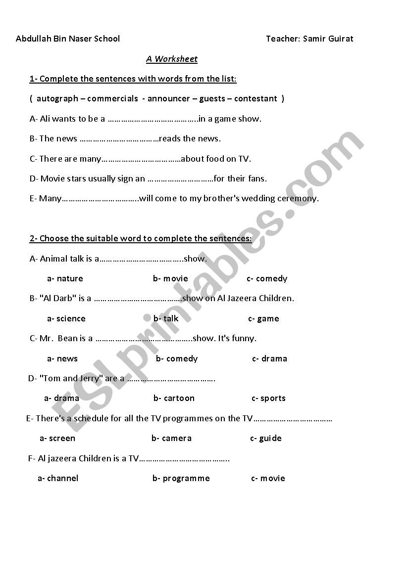 TV Time worksheet