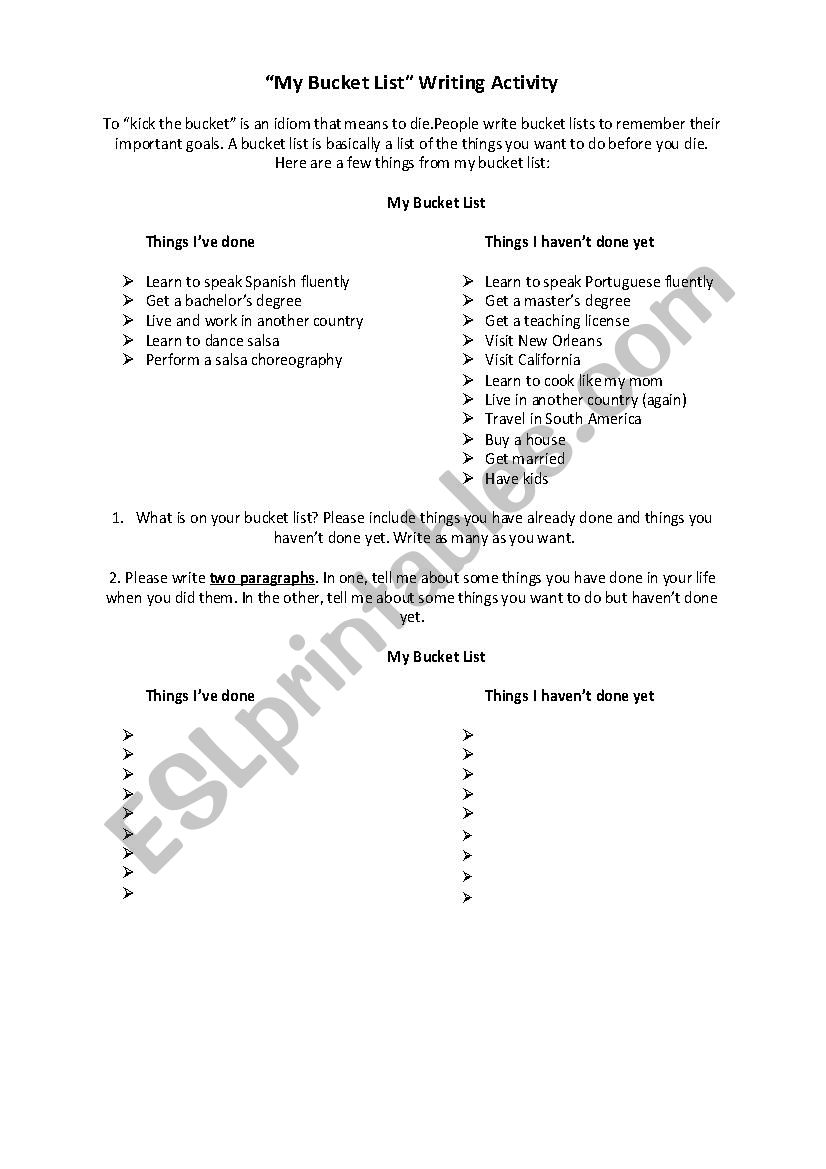 Bucket List Writing Activity  worksheet
